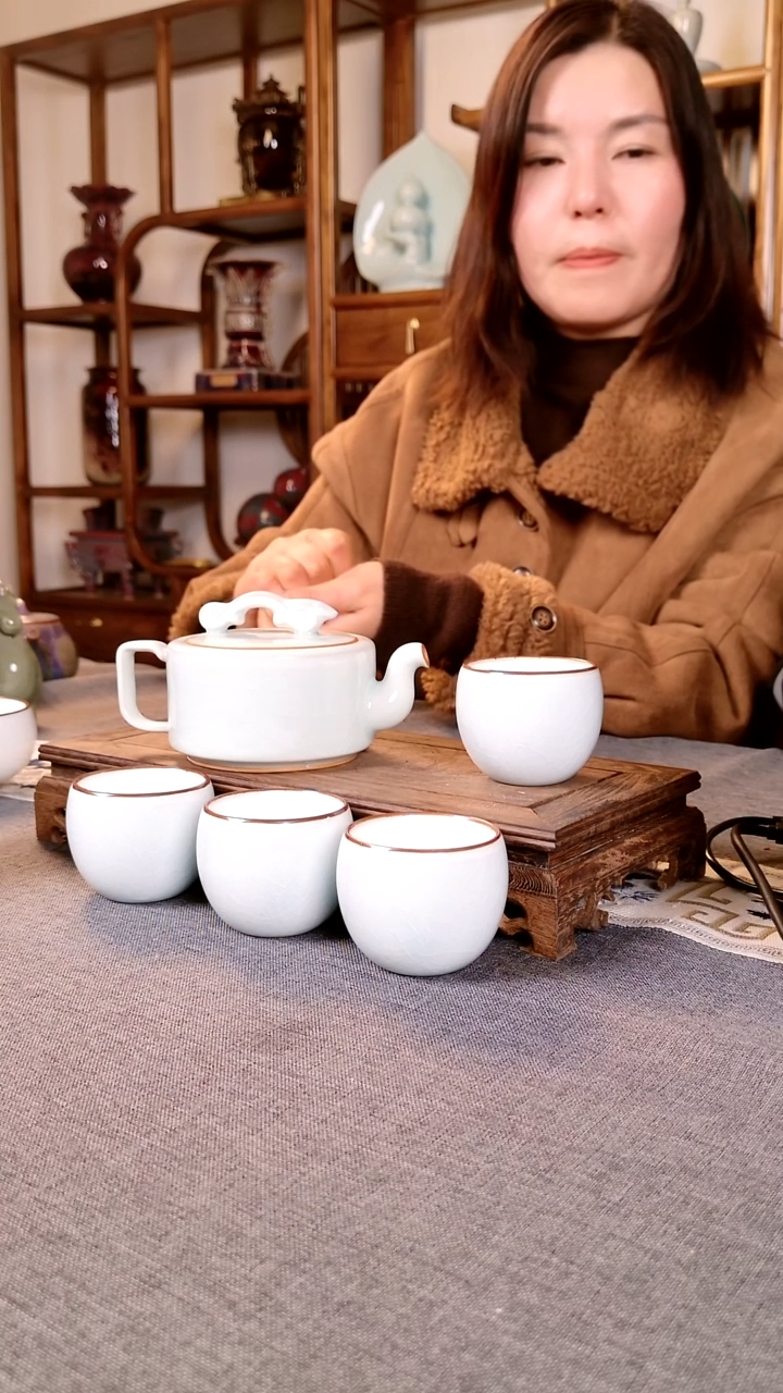 瓷片如意壶一壶四杯套装 土魂钧瓷