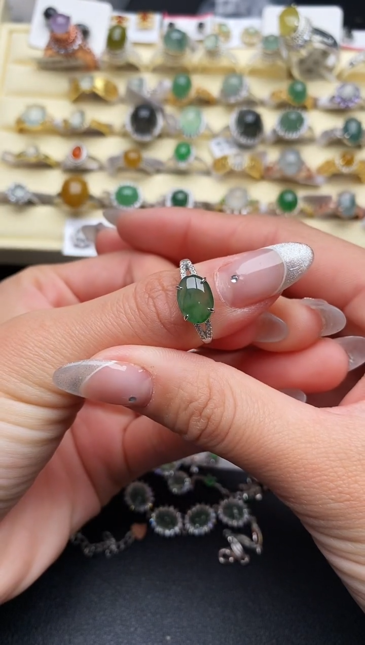 【闪购商品】翡翠戒指银S925镶嵌天然翡翠666 6  3+