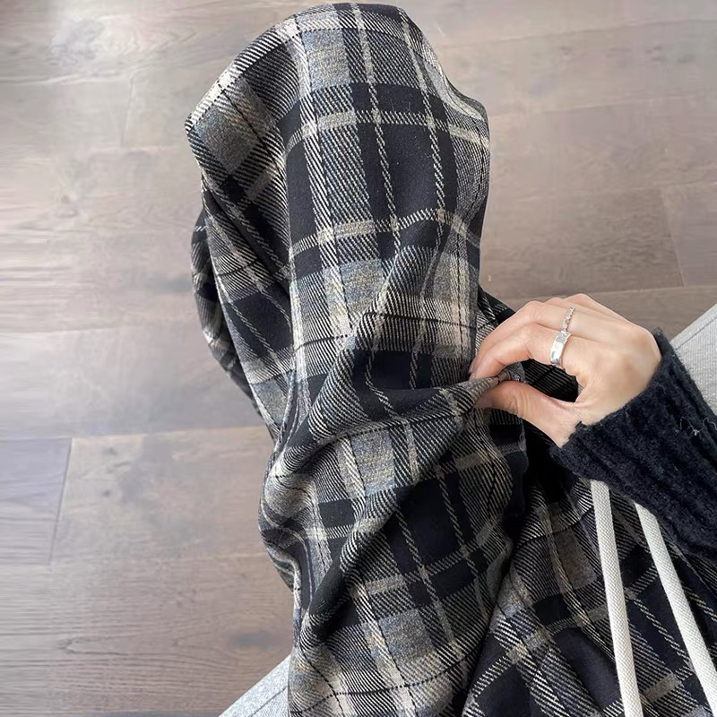 2025秋爆款加绒加厚复古秋冬毛呢格子裤 时尚休闲直筒女士格子裤