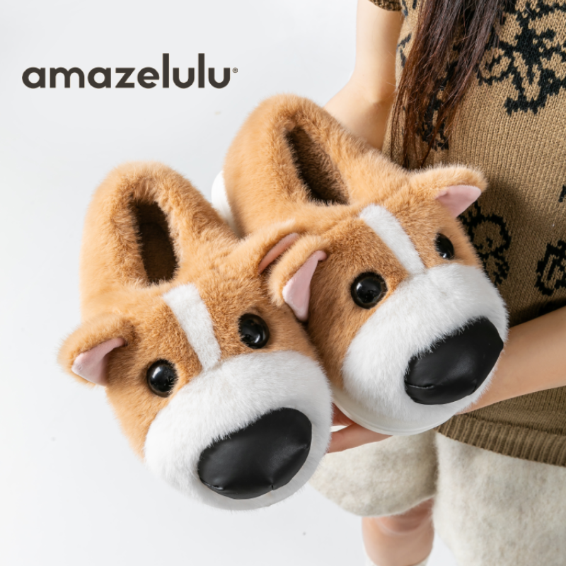 amazelulu家居鞋柯基棉鞋情侣防滑冬季2025新款毛绒保暖厚底包跟