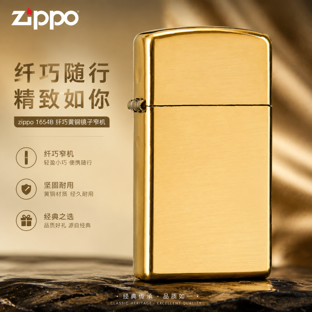 ZIPPO/之宝Zippo打火机1654B纤巧黄铜镜子窄机男生走心实用礼物zo