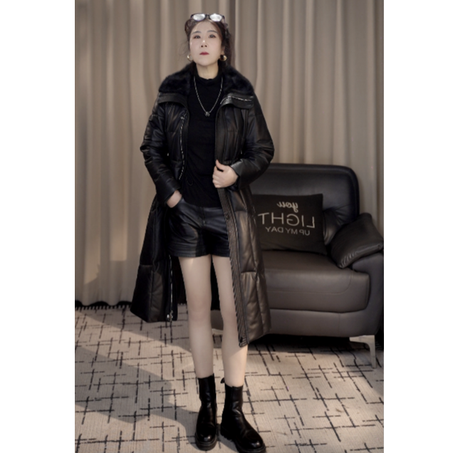 【姊妹皮草】鹅绒服皮衣冬季法式哑光长款厚款修身型加厚秋冬黑色