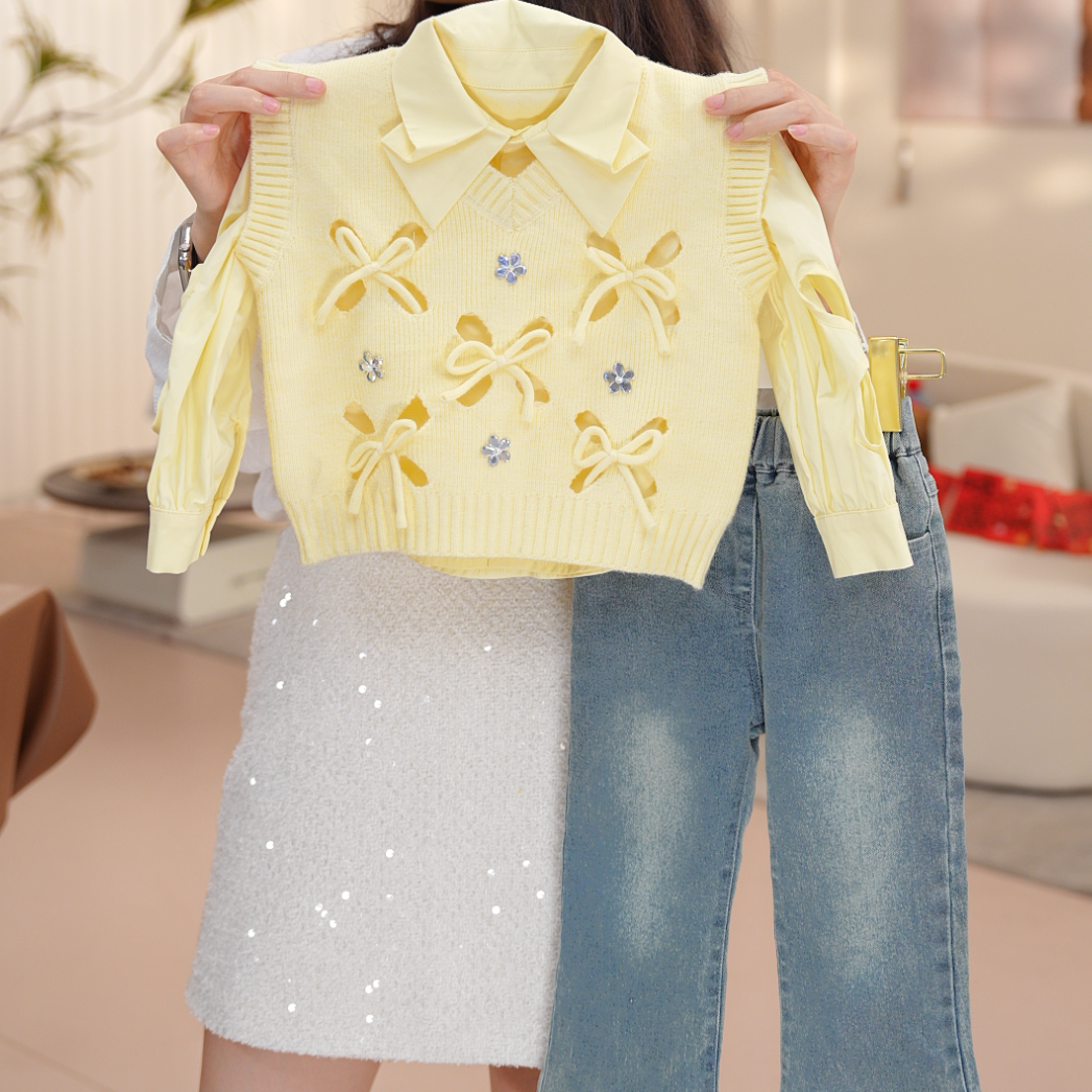 【明黄】女童秋季欧若风套头少女风春秋套装女孩马甲三件套QD50001