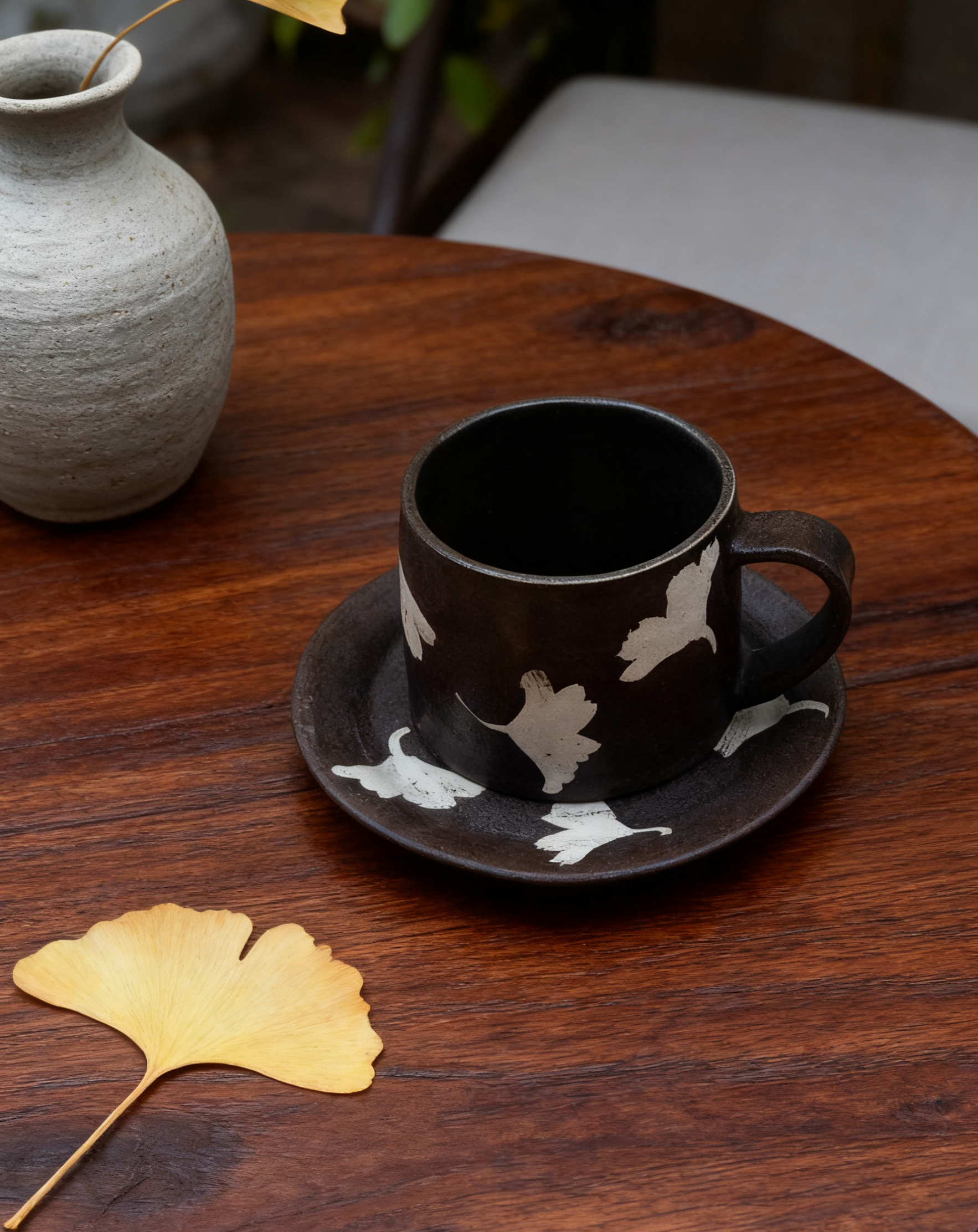 景德镇高温釉下彩手绘银杏叶粗陶下午茶杯水杯咖啡杯碟套装MTB031