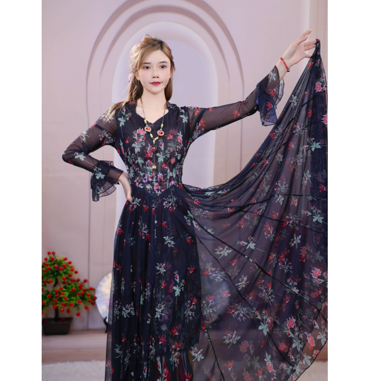 新款《墨染云裳》连衣裙时尚百搭修身气质高档720优雅