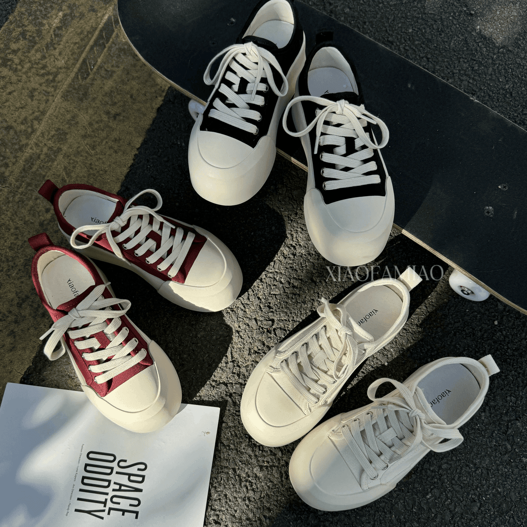 小发喵经典女士系带厚底增高大头休闲系带低帮帆布鞋