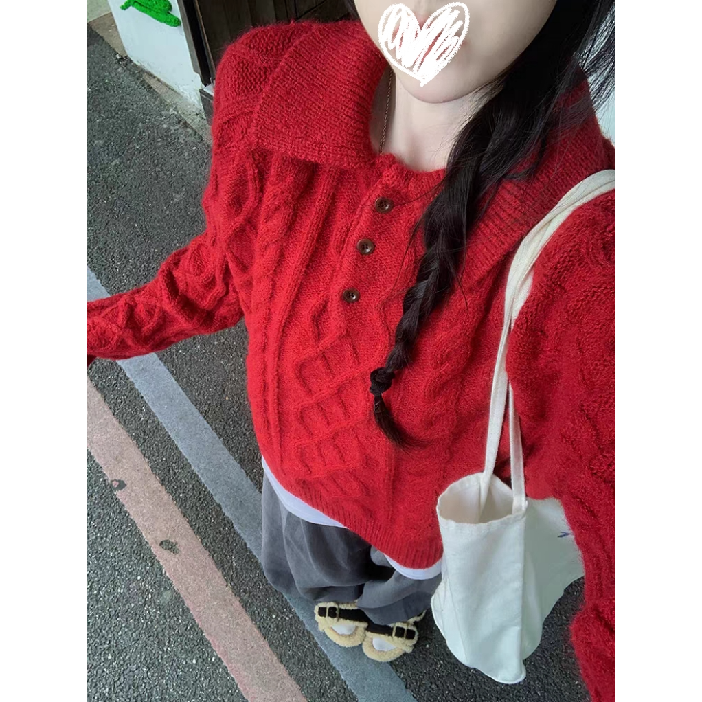 韩版毛衣polo领麻花针织衫女秋冬翻领毛衣内搭加厚上衣#Y9055