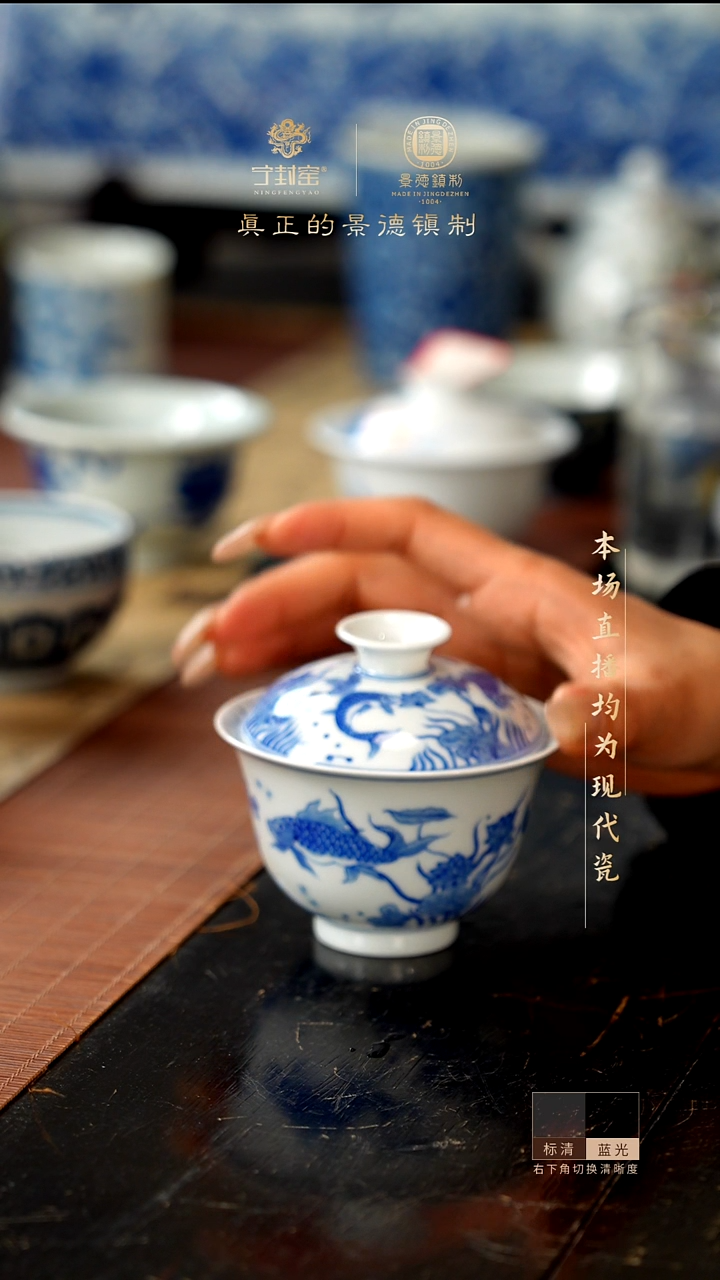 宁封窑青花鱼藻纹二才盖碗