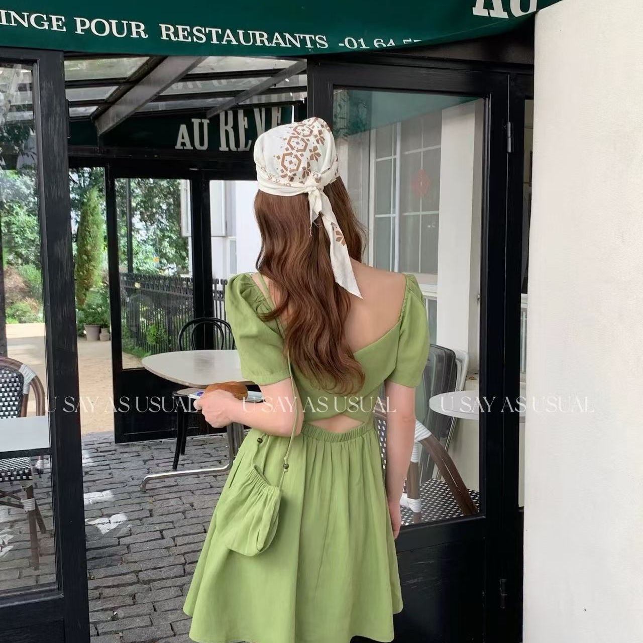 3086度假感 显白绿后背设计感小个子连衣裙