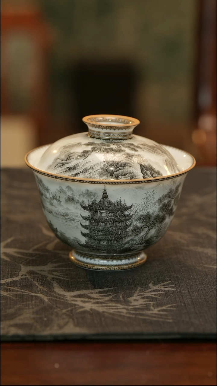 N***0手绘重工墨彩黄鹤楼如意纹盖碗