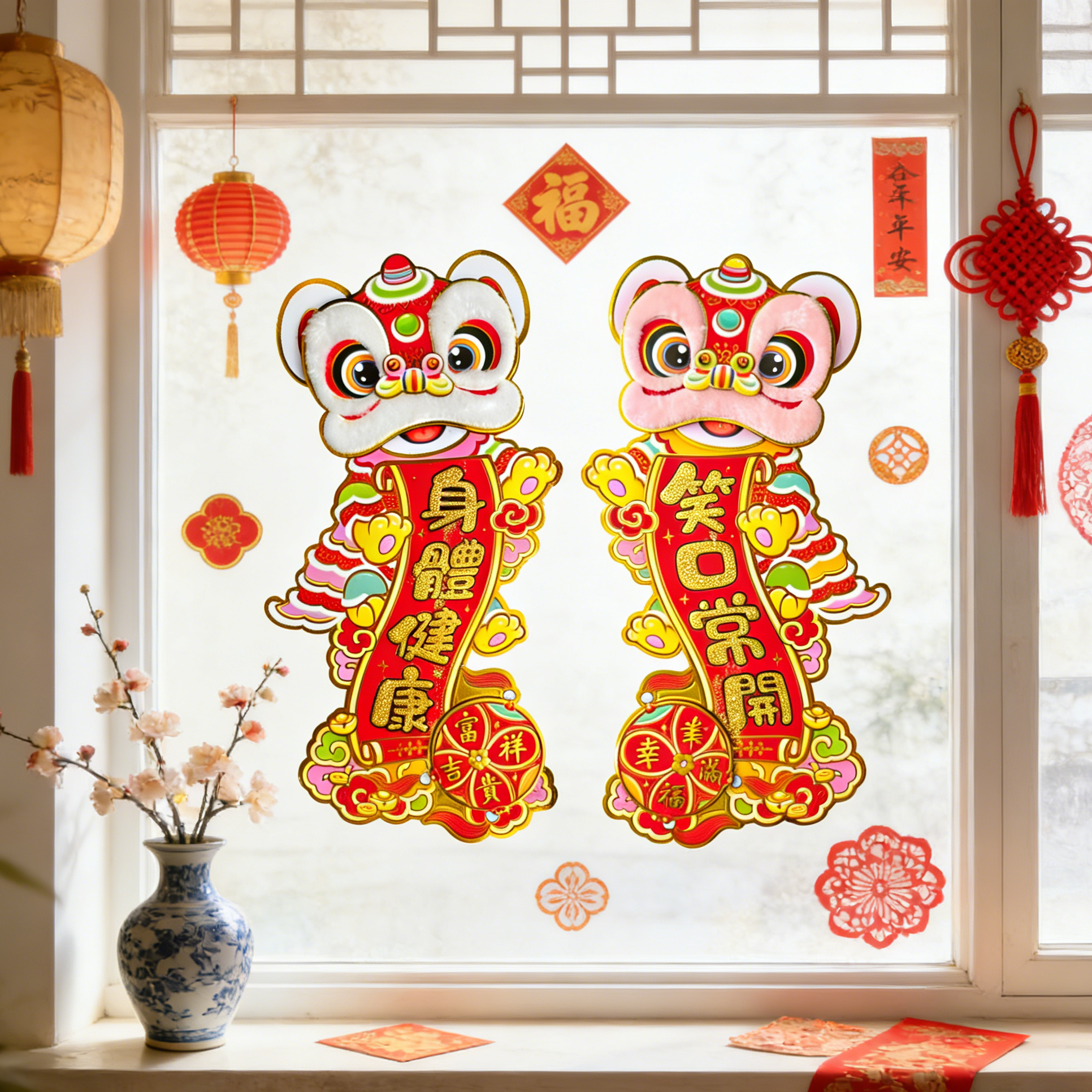 醒狮竖联  四字对联家用春节入户装饰高档新款