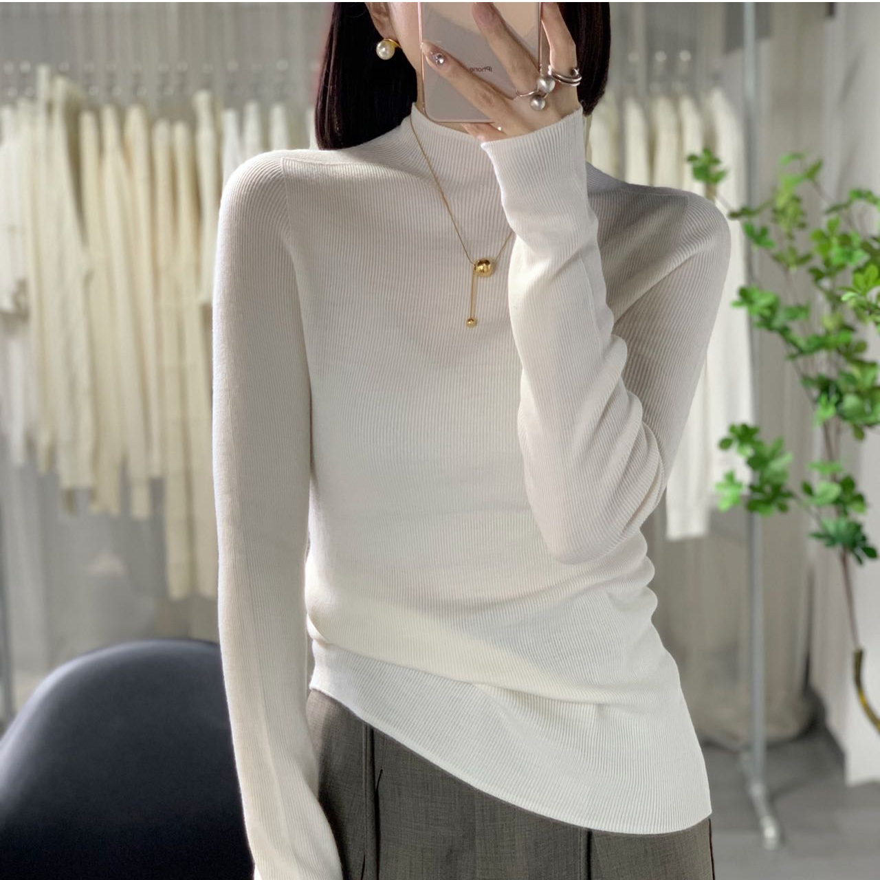 100%绵羊毛长袖半高领休闲百搭纯色秋冬女士可机洗针织羊毛衫