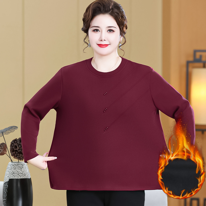 中老年人女加绒保暖长袖上衣胖妈妈冬装加肥加大码加厚新款打底衫