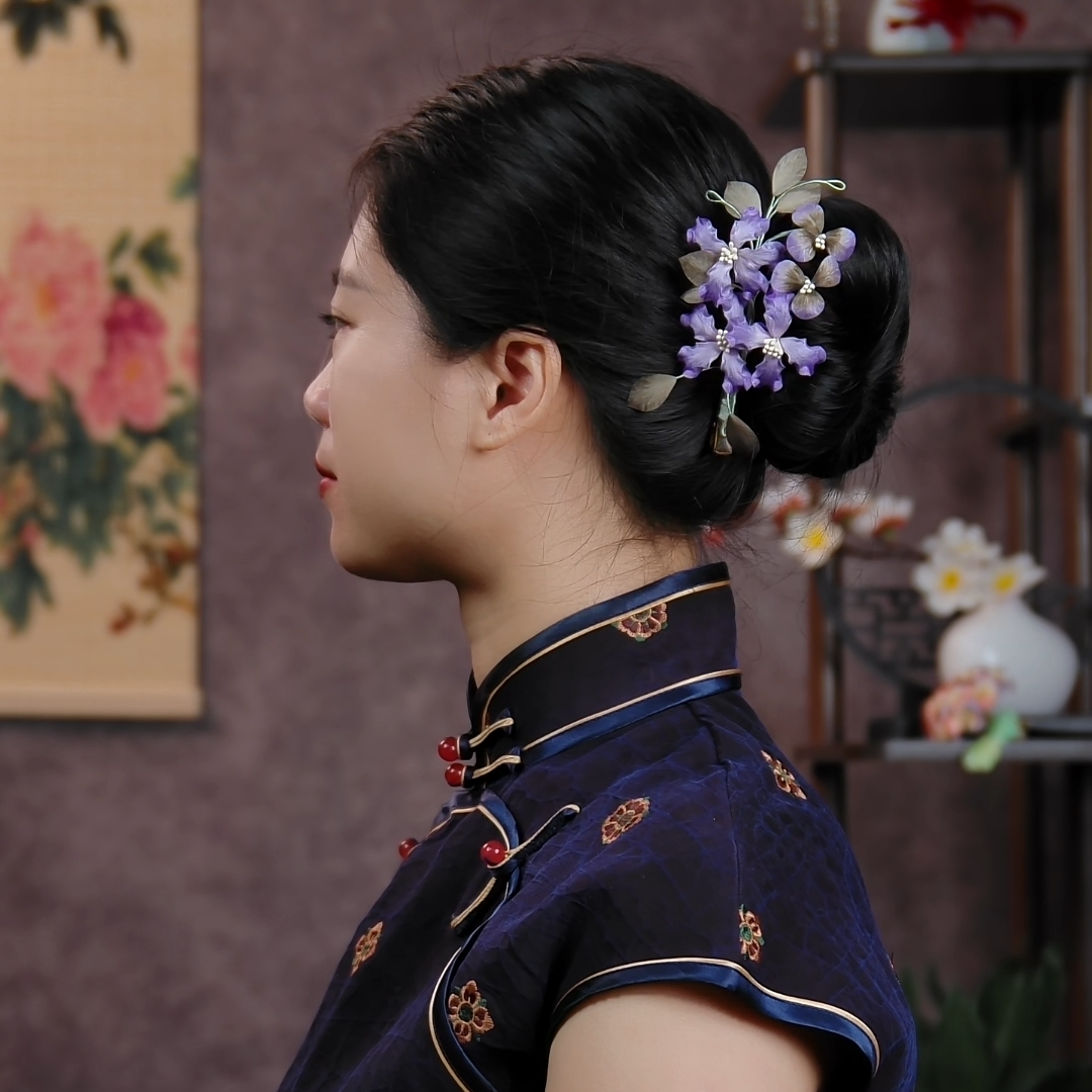 【紫薇花】非遗绒花渐变紫蓝色中国凤仙气纯手工边夹
