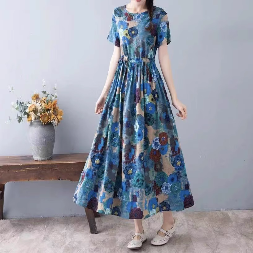 夏季文艺范印花圆领长款连衣裙