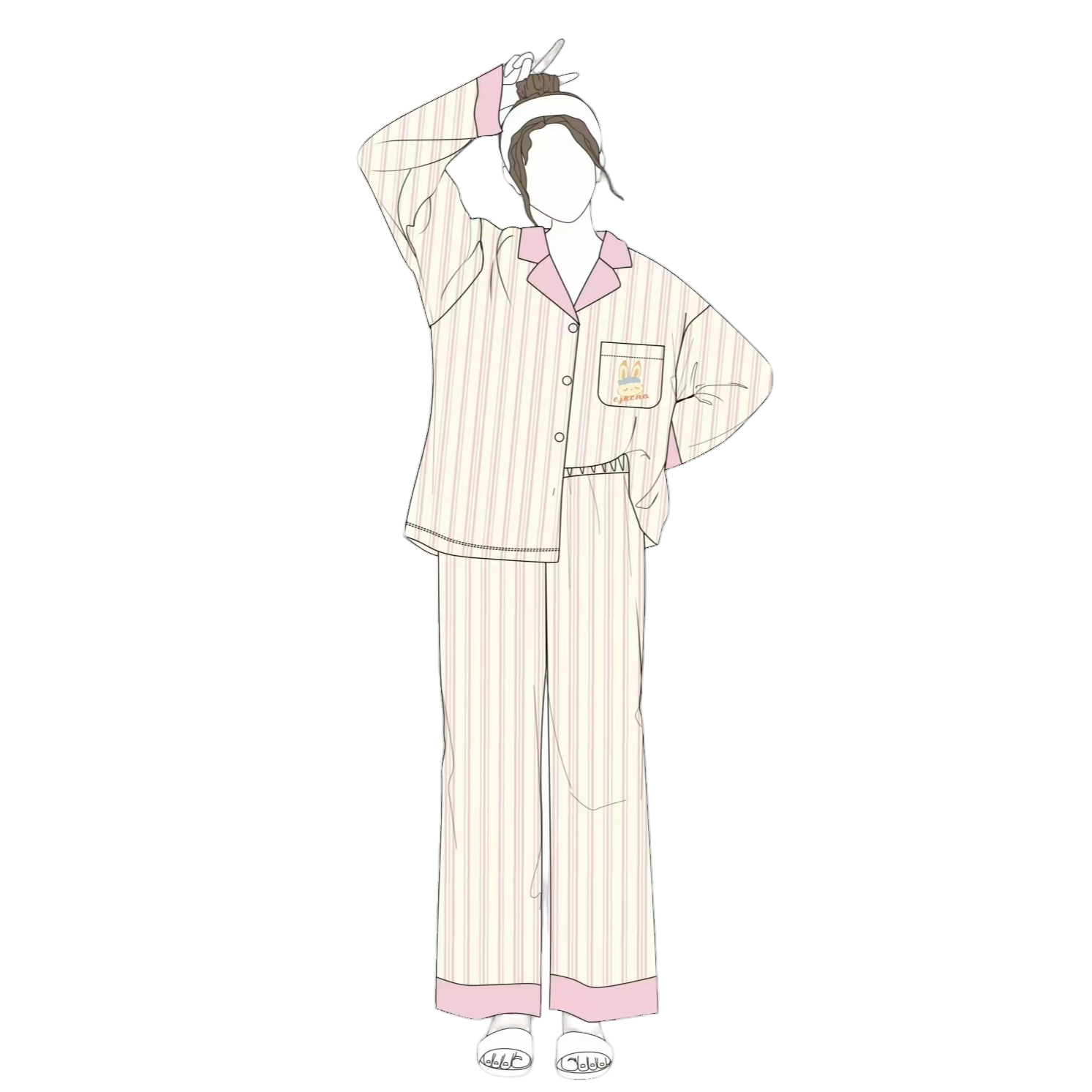 莉莉家睡衣女士加厚纯棉简约浅粉条纹小兔长袖春秋新款家居服套装