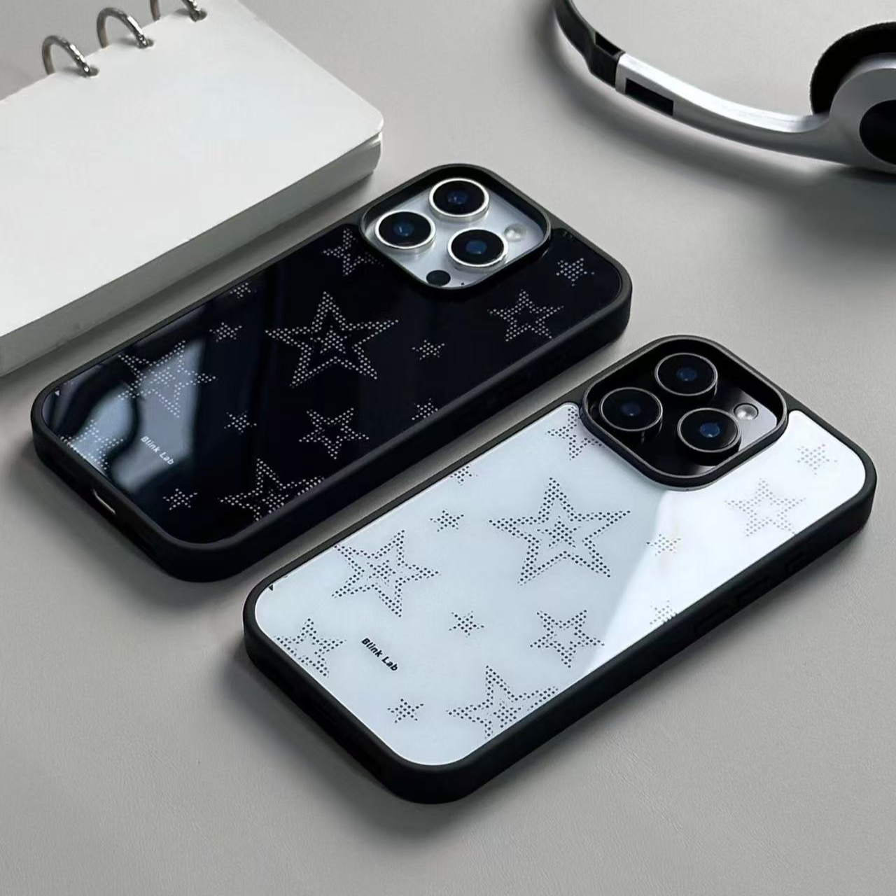 黑边玻璃黑白五角星适用苹果17promax/iPhone17pro/16/15手机壳14