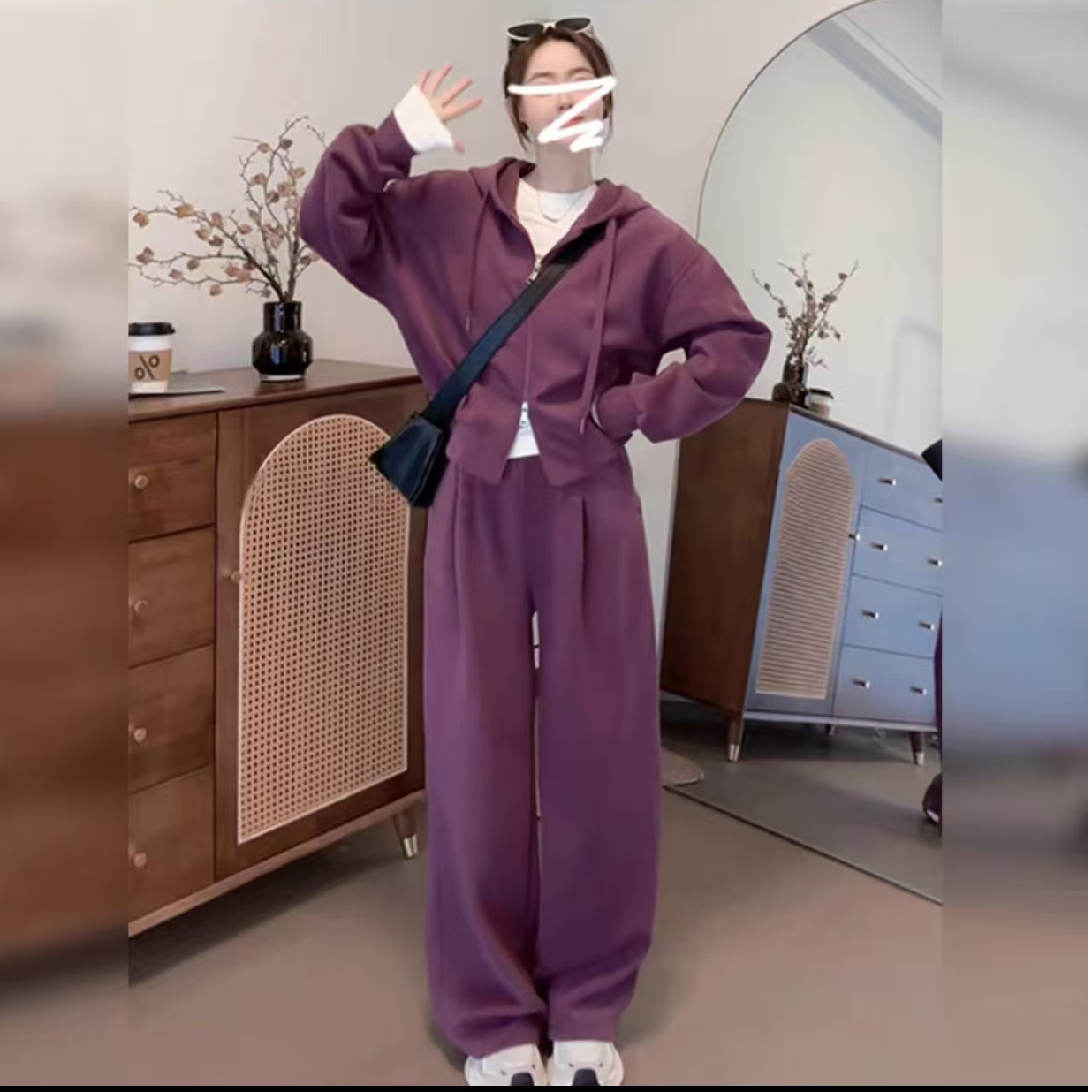 休闲时尚套装女2025秋季新款短款连帽拉链开衫+高腰直筒裤两件套