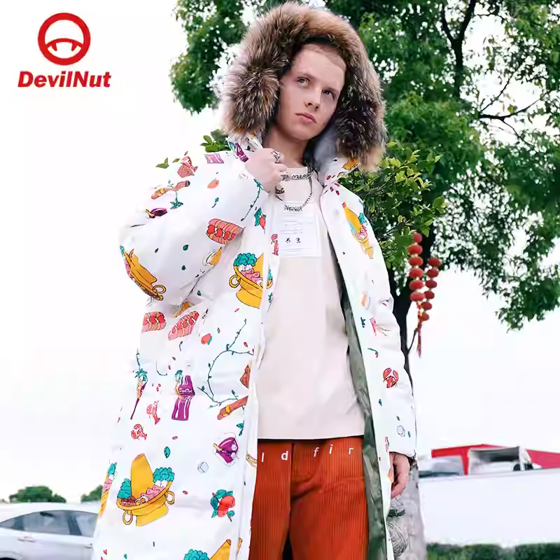 DEVILNUT潮牌恶魔秋冬无性别情侣款保暖羽绒服连帽加厚冬季中长款