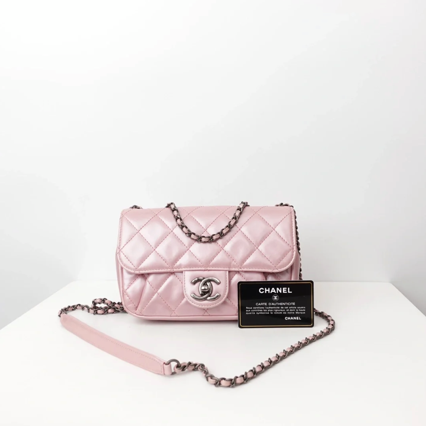 95新 Chanel/香奈儿 GGS季节款cf大mini珠光粉做旧银扣牛58912266