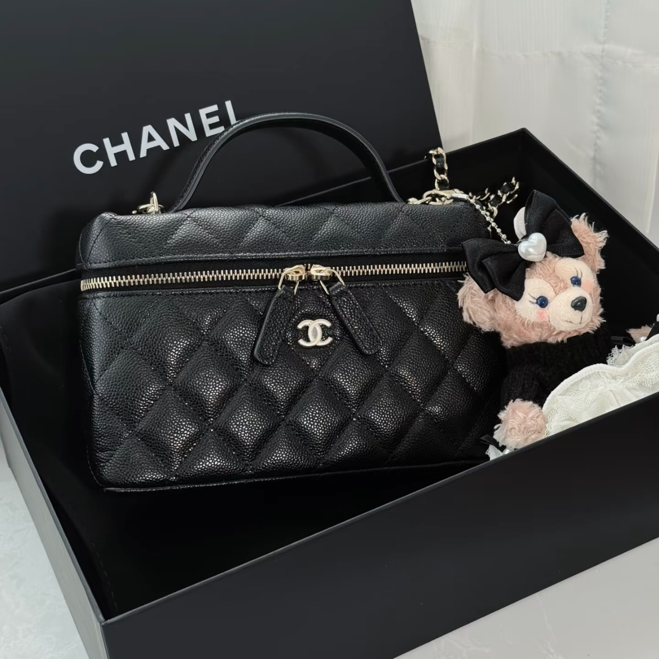 未使用 Chanel/香奈儿 蔚蓝中古/25C 黑金荔枝纹牛皮LP饭盒包