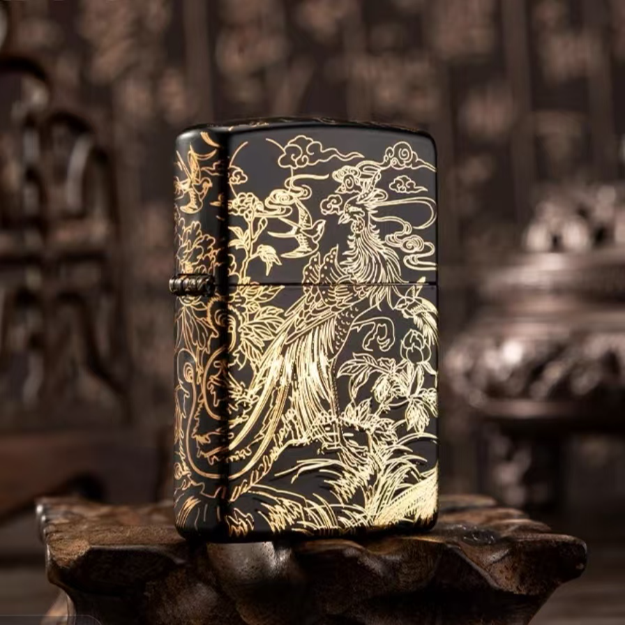 ZIPPO五面鎏金百鸟朝凤五面精雕防风高档复古金色打火机