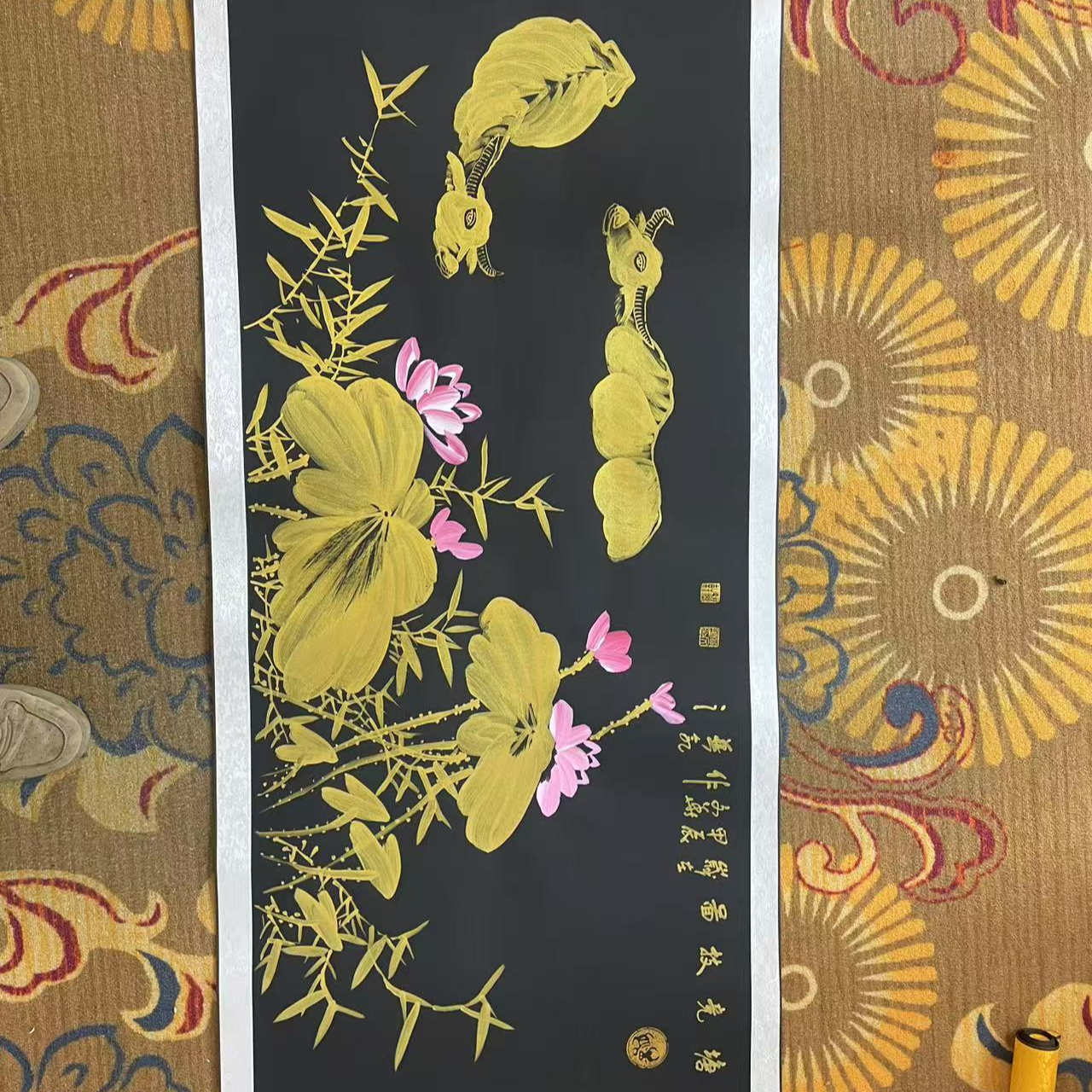 贾文华作品荷塘竞技图 小六尺