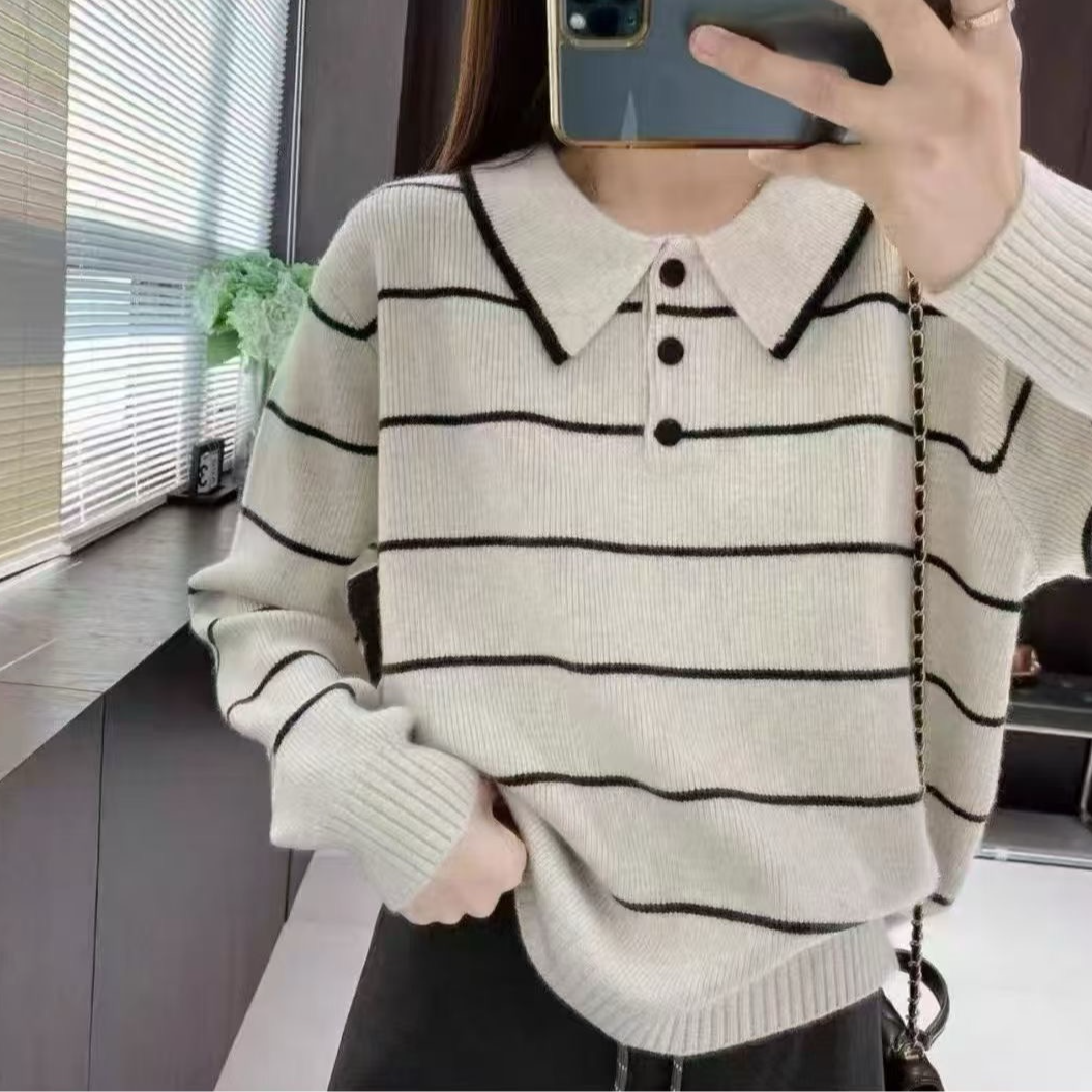 【3210】约#休闲百搭翻领条纹针织上衣