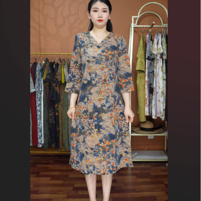 【福利中袖蓝碎花】夏季妈妈装气质中袖连衣裙洋气中年女装宽松长裙
