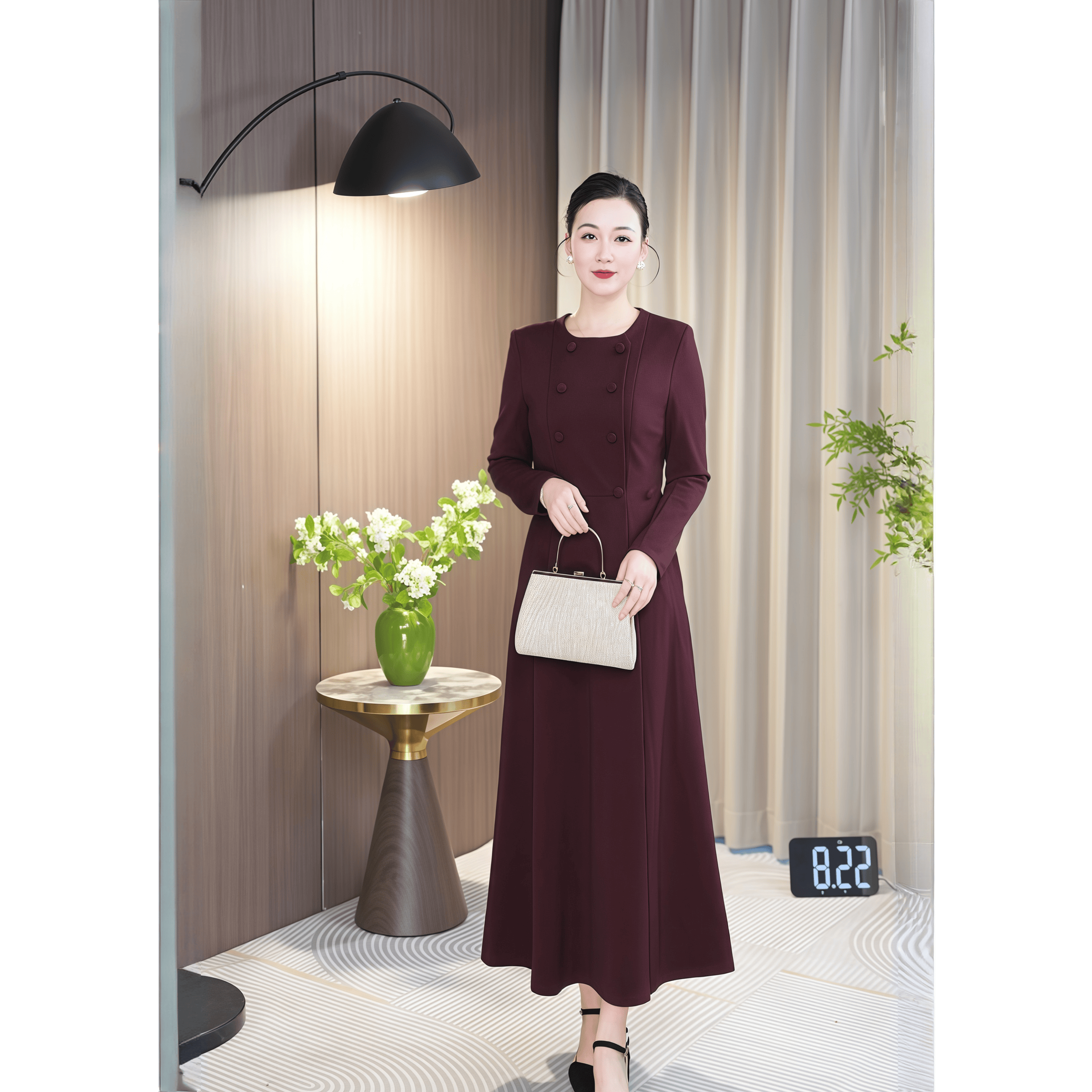 酒红色秋季新款显瘦气质轻奢时尚修身优雅打底女士长款收腰连衣裙