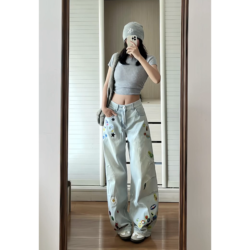 300斤大码印花做旧阔腿裤牛仔裤女新款胖mm高街宽松辣妹风弯刀裤