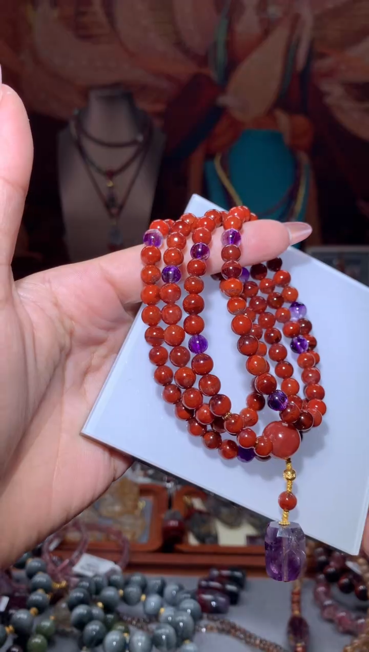 18K金镶嵌珠宝半成品水晶红极光108项链多样性发其1