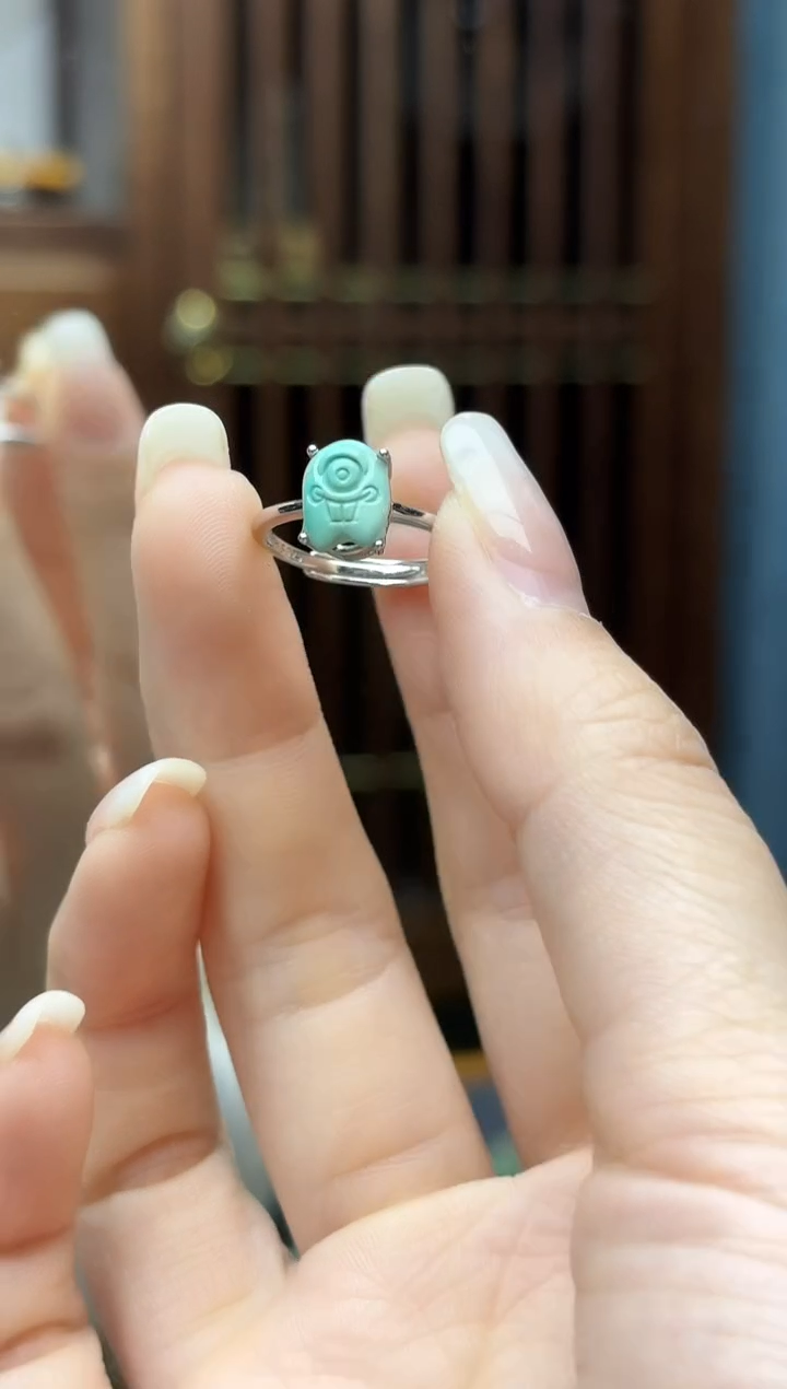 银S925镶嵌绿松石戒指s925银松石大眼怪戒指GW
