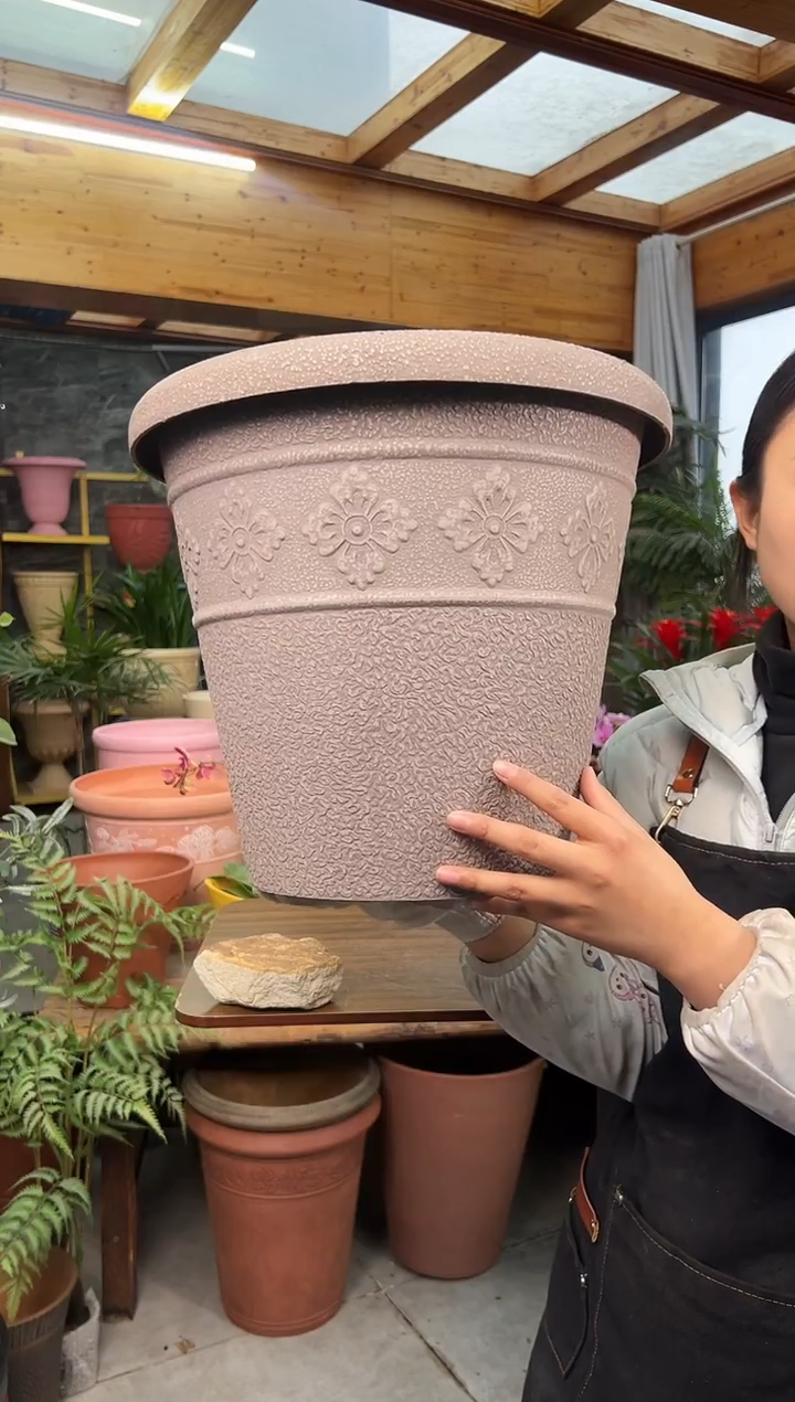 38*33/USA38-B/浅灰色手工浮雕纹理大花盆外贸尾单