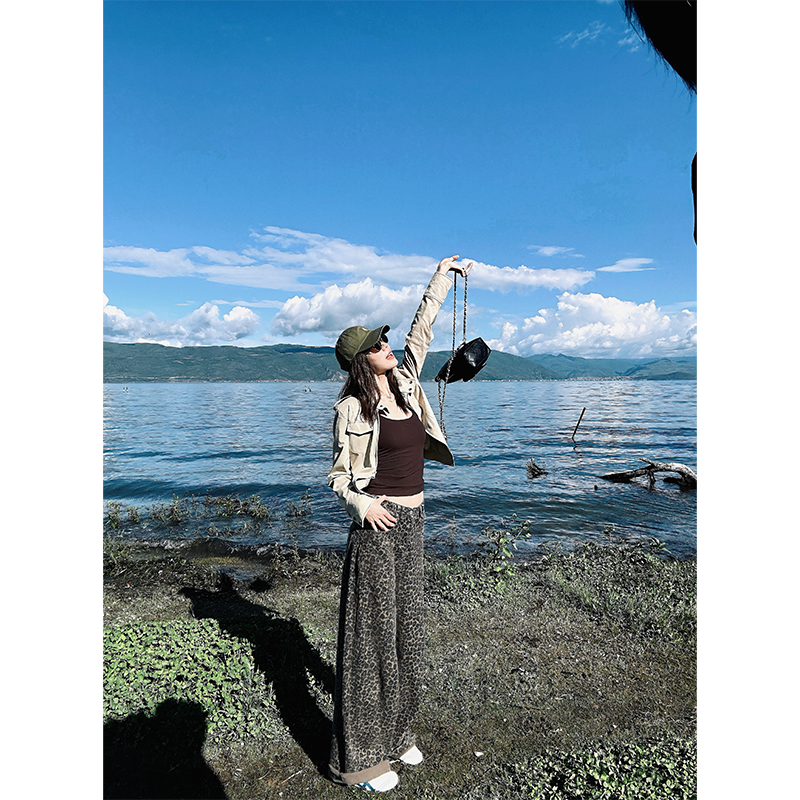 48H【小奶豹垮裤】加长复古百搭咖系阔腿牛仔裤Au108