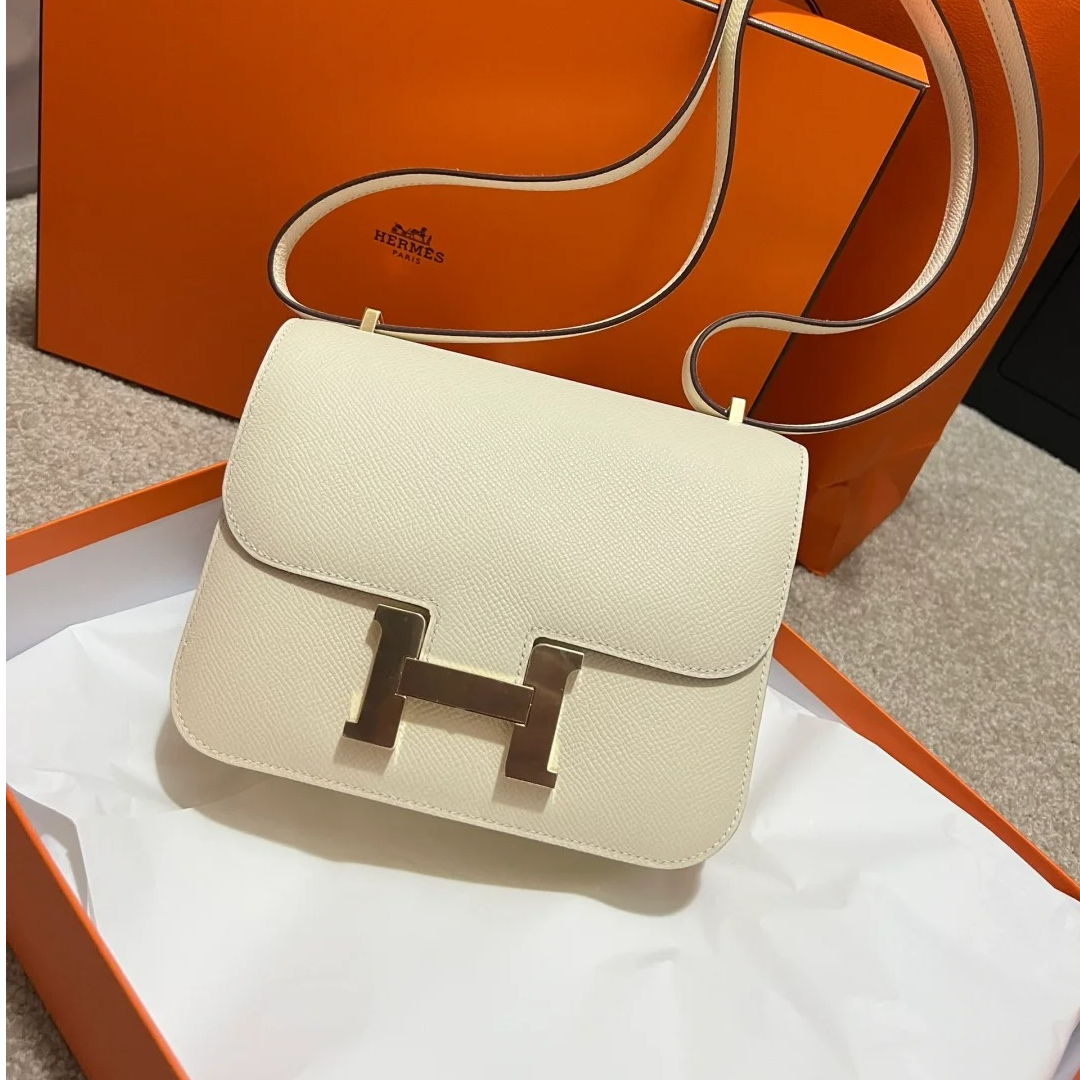 99新 Hermes/爱马仕 小花Jerry康康 19 I2奶油白 Ep皮 银扣包