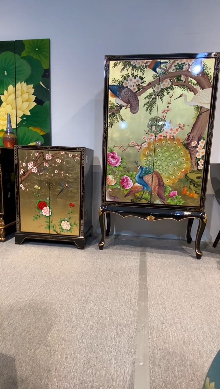 木（非红木类）新中式彩绘餐边柜客厅玄关柜储物收纳柜两件套