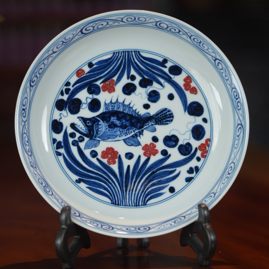 【文堇堂】青花釉里红系列 景德镇手工手绘 鱼藻 壶承 638