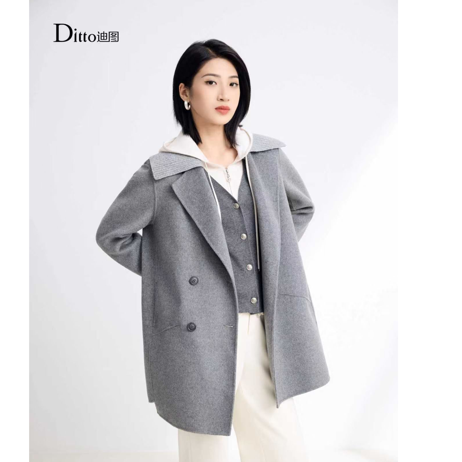 Ditto迪图523拼毛领中长款双面呢大衣