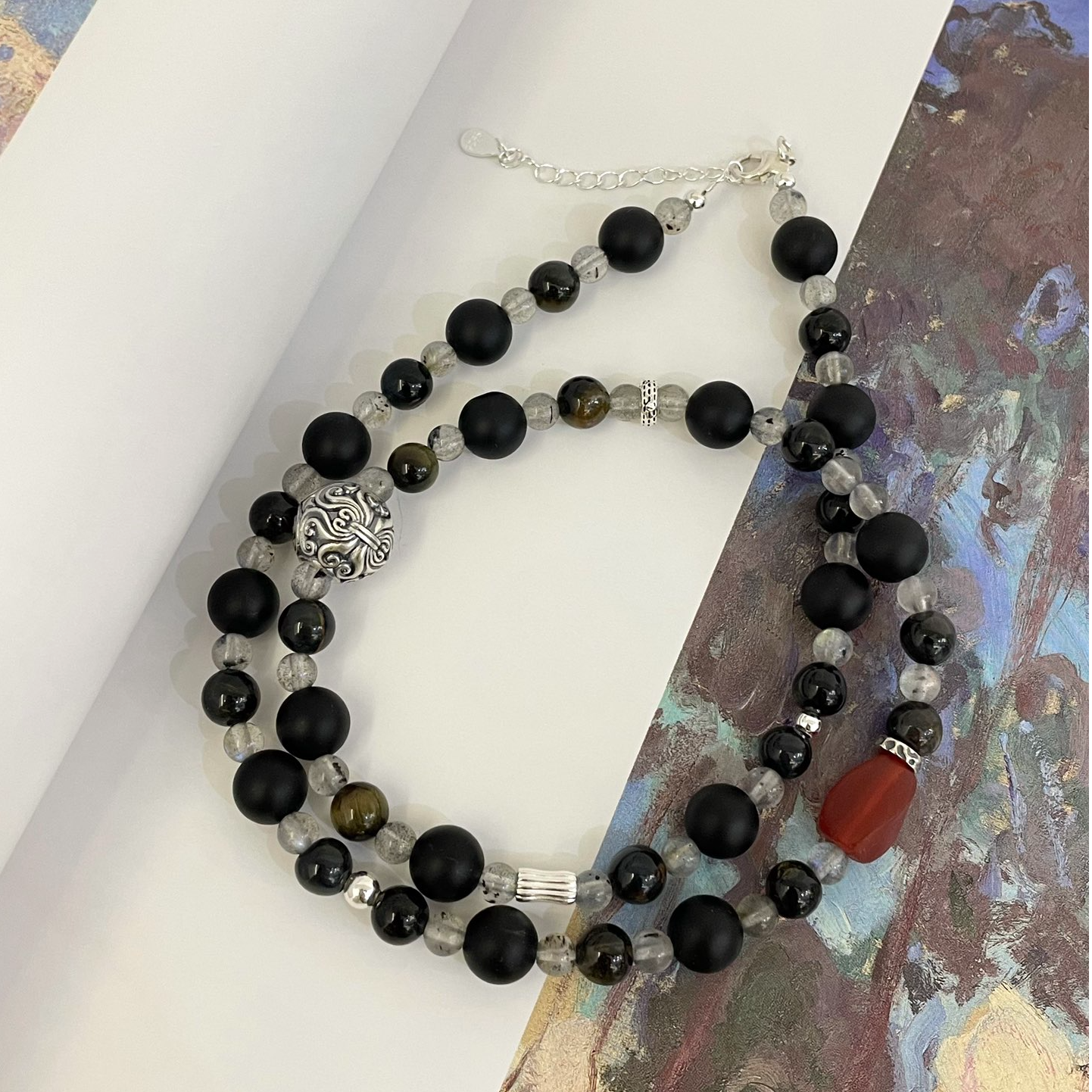 链子925银 【暗夜】黑红撞色串珠手工项链复古黑色时尚【D4418】个性