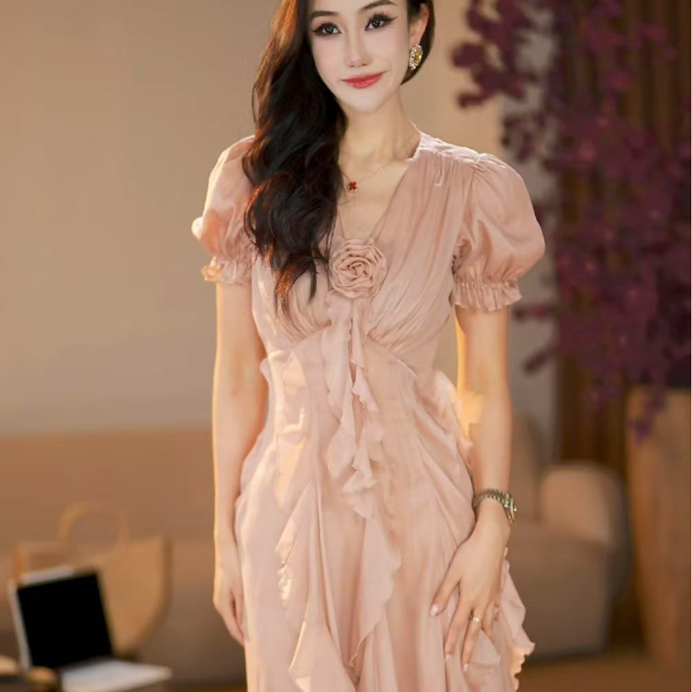 【袁小姐】灰白玫瑰 夏季法式温柔轻盈V领短袖收腰连衣裙-HZ754