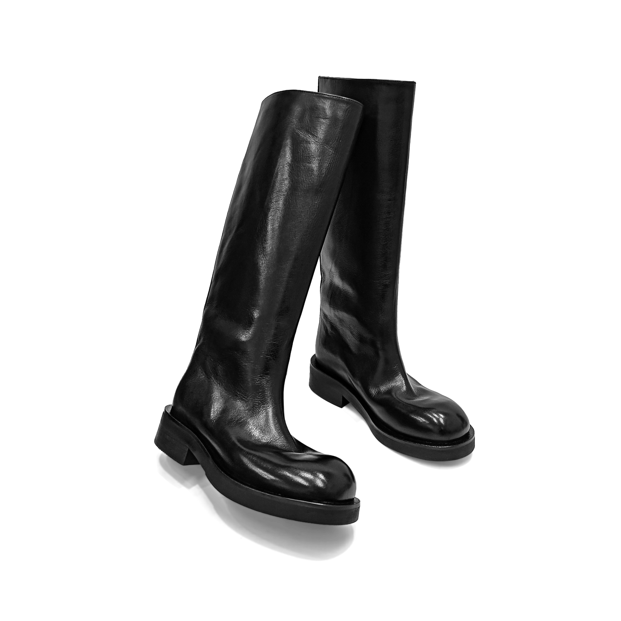 水洗马皮2025秋冬新款圆头复古一脚蹬粗跟高筒不过膝骑士靴