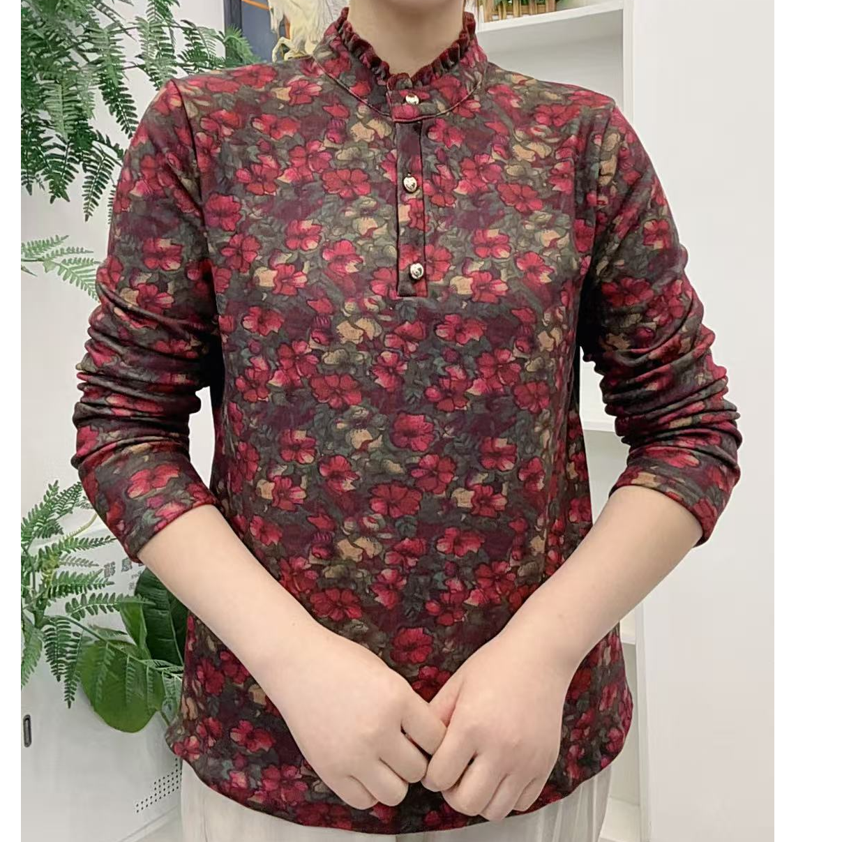 木耳领半高领加绒加厚中老年女装妈妈装修身印花网红打底衫