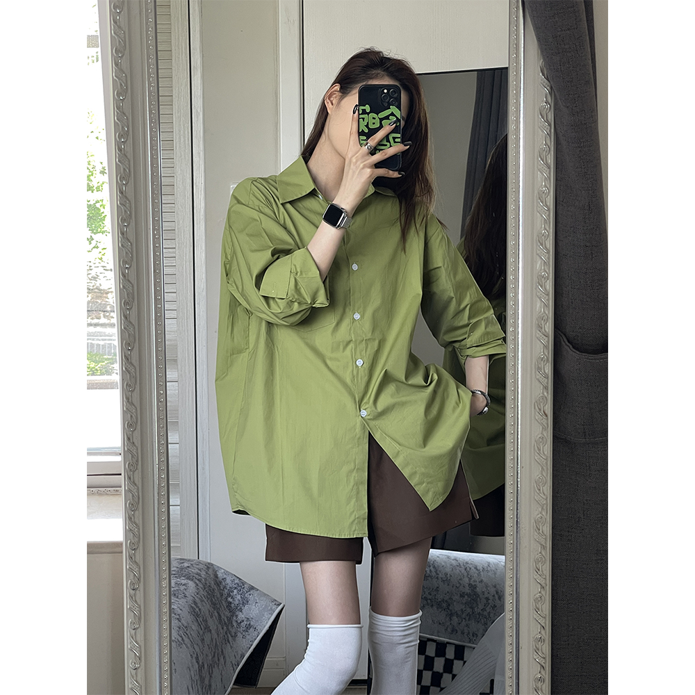 JINYURS 清新亮眼活力文艺森系青草绿衬衣宽松长袖衬衫上衣