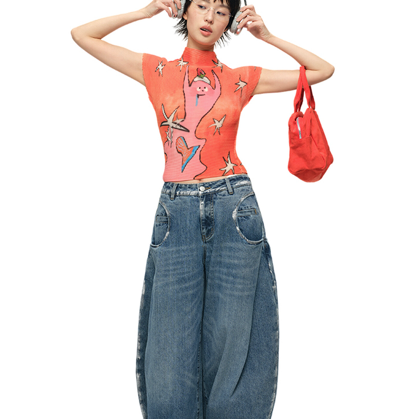 MOF少女百货 气球裤垂感休闲显瘦女士秋冬弯刀阔腿长裤蓝色牛仔裤