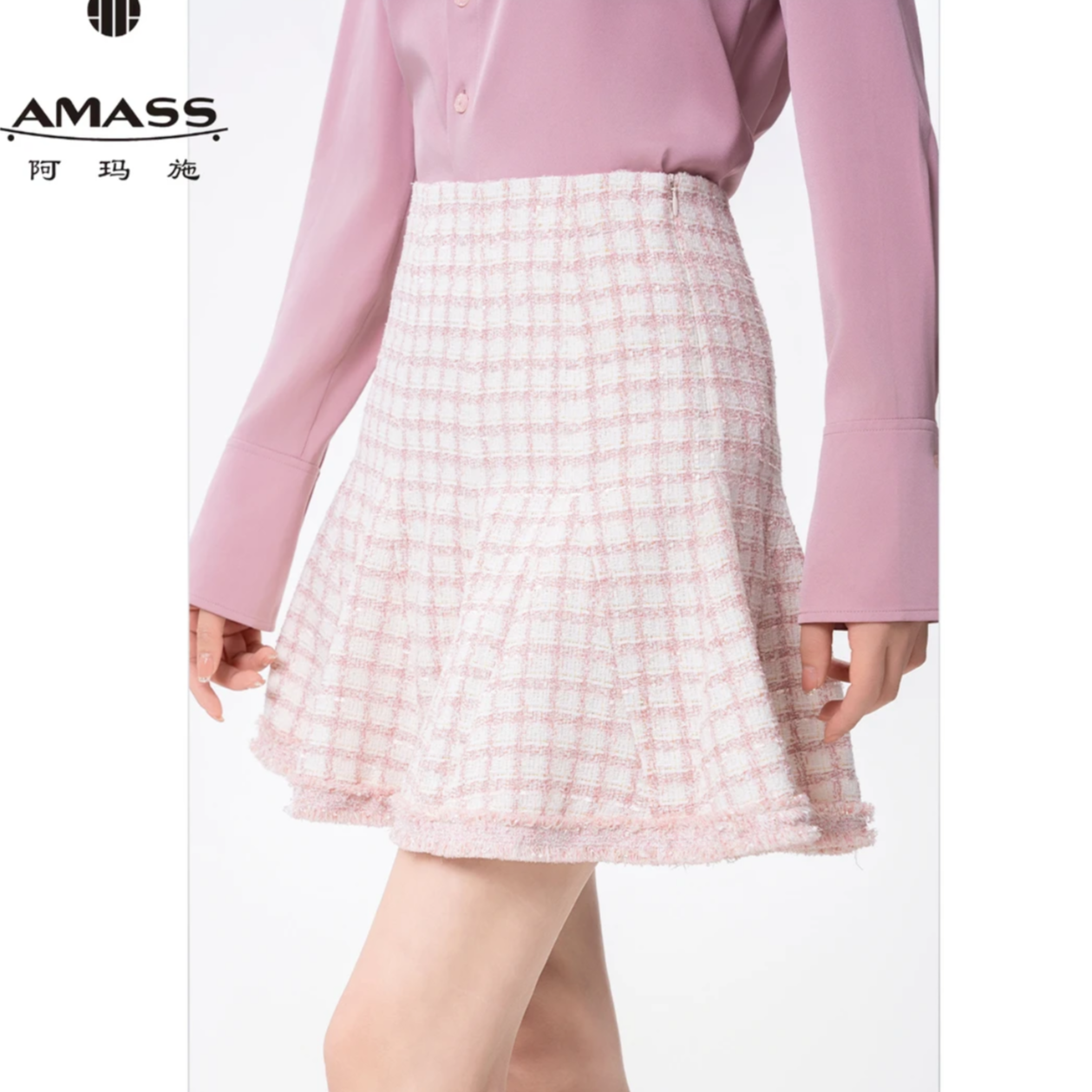 AMASS/阿玛施温柔气质千金少女流苏边小香风显瘦高腰短裙 520009