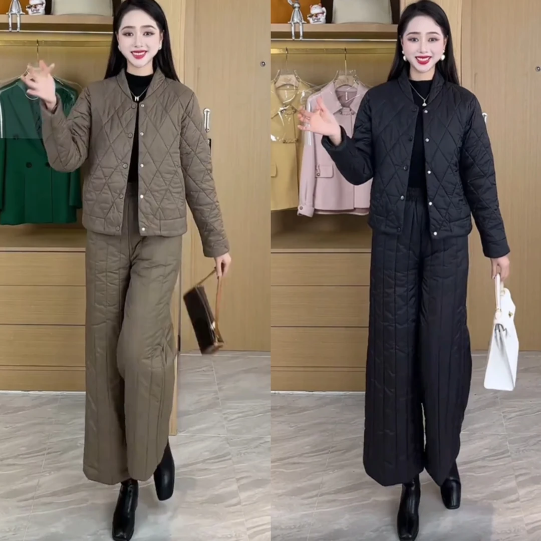 棉服套装女2025秋季新款时尚爆款减龄阔腿裤妈妈洋气欧货两件套