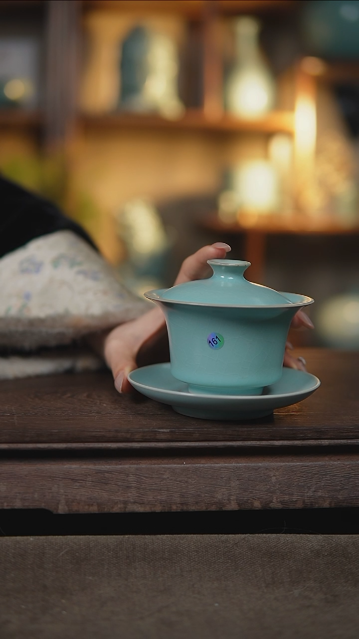 【闪购商品】杯仿古天青三才玛蹄盖碗大瑕