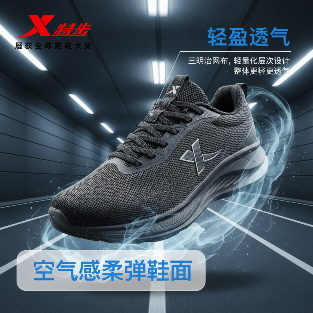 【羽逸】特步跑鞋男舒适缓震跑步鞋通勤运动鞋女网面透气纯黑休闲鞋