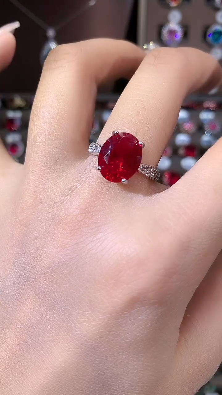 无925银鸽血红色戒指